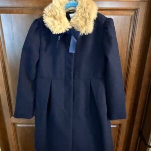 Janie & Jack Girls Winter Navy Peacoat with Taupe Fur Collar